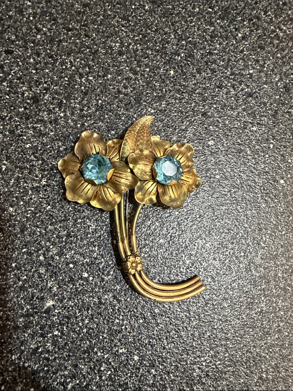 Gold Floral Brooch with Blue Crystal Centers